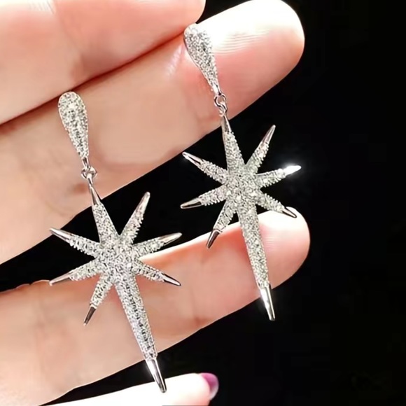 🌼 Silver Plated Micro Zircon Shiny Star Dangle Earrings - Picture 2 of 3